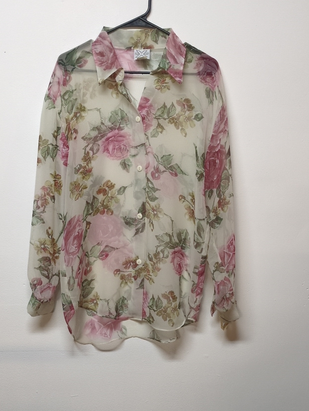 Vintage 90s Deadstock Sheer Pink Rose Floral Button-Up Blouse, Size M